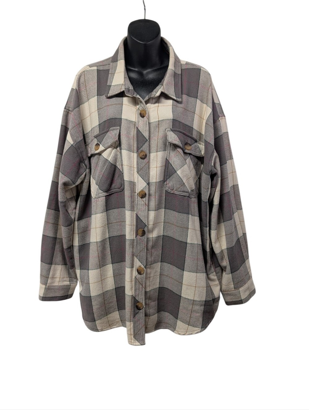 Maurices Women's Plaid Flannel Grey Cream Pink Oversized XXL Cotton Button Up